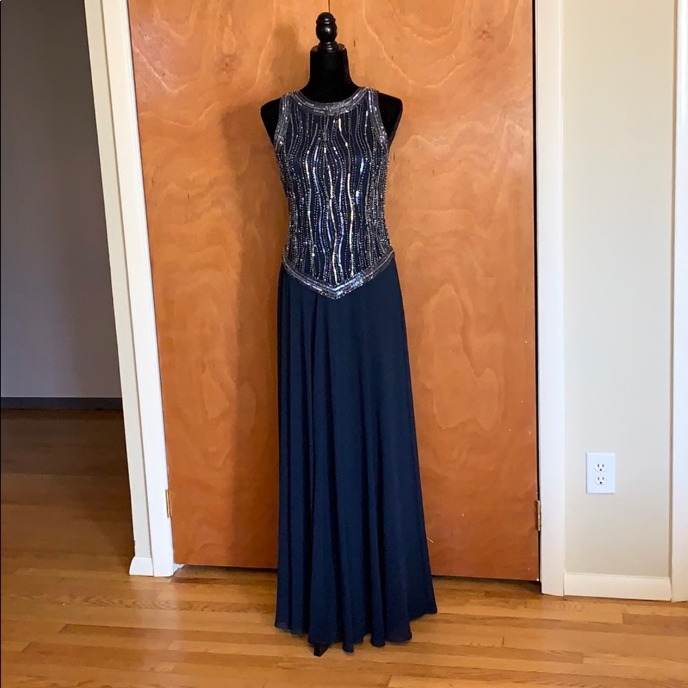 J Kara Beaded Bodice Chiffon Evening Dress